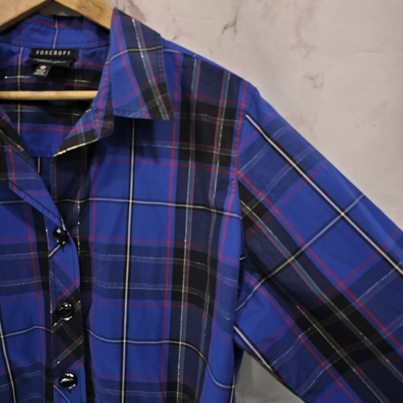 Foxcroft Shirt Women 18W Blue Black Gold Scotch Button Wrinkle Free Shaped Cuff - Picture 11 of 13